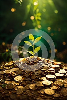 Investing to green business, Plant growing on coins stack for financial and banking concept,AI Generated