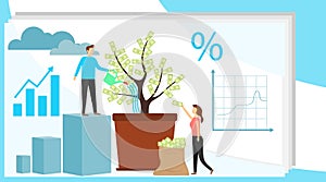 Investing vector illustration. Growing money tree. Deposit profit and wealth growing business. Teamwork persons