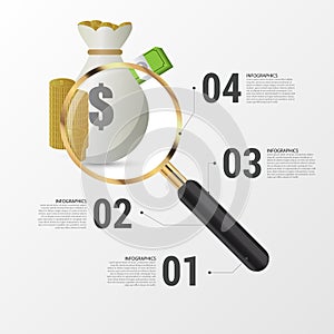 Investment analysis graphic design concept with magnifying glass. Vector illustration