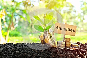 Investment on annuities concept. Coins in a jar with soil and growing plant photo