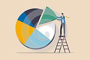 Investment asset allocation and rebalance concept, businessman investor or financial planner standing on ladder to arrange pie