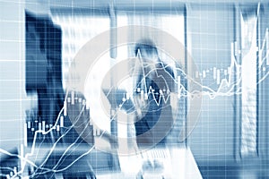 Investment and banking concept. Trading candlestick chart on city background.