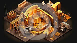 Investment banking financial service concepts portfolio 3D isometric illustration Golden coins, graph, gold, data Generative AI