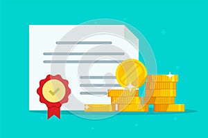 Investment bond or stock obligation document with seal stamp and money vector flat cartoon illustration, legal grant