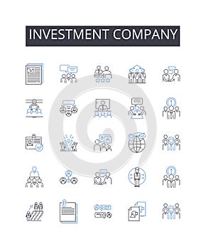 Investment company line icons collection. Stockbroker firm, Capital venture, Fiscal establishment, Mutual fund, Mtary