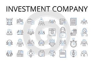 Investment company line icons collection. Stockbroker firm, Capital venture, Fiscal establishment, Mutual fund, Mtary