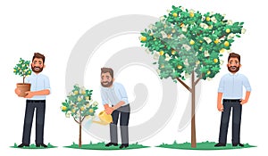 Investment concept. Businessman or private investor watering the money tree. Capital growth, financial strategy