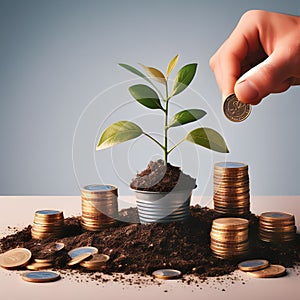 Investment concept, Coins are placed on the table,tree growing from pile of coins