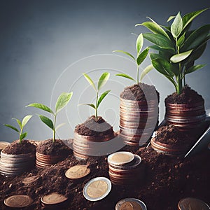 Investment concept, Coins with plant growing from pile of coins.