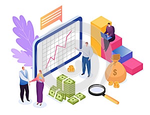 Investment concept of finances flat vector illustration. Development, data research financial growth, graph statistics