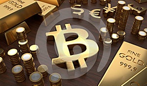 Investment concept. Golden bitcoin symbol and coins. 3D rendered illustration