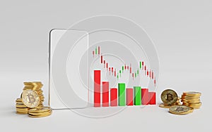 Investment concept, Mockup of smartphone with candle stick graph chart of stock market cryptocurrency trading down