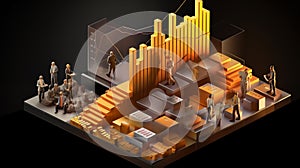 Investment concepts banking portfolio 3D isometric illustration Golden elements, graph, gold, data Generative AI