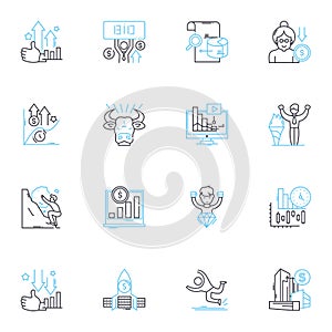 Investment consultation linear icons set. Strategy, Portfolio, Risk, Returns, Finance, Diversification, Assets line