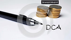 Investment DCA concepts with a black pen and a two pile coin on white backgrounds, Investment concepts