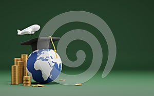 Investment education and scholarships concept design of graduation hat on global and plane with gold coins on green background 3D