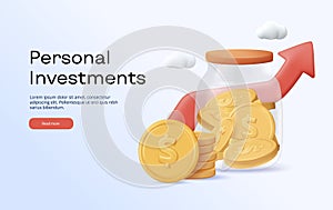 Investment and finance growth business concept. Business revenue. Investments in glass jar with coins on red arrow