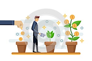 Investment finance growth business concept. Businessman putting coin in pot and watering money tree. Vector illustration