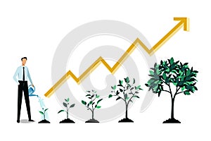 Investment and finance growth business concept. Businessman watering small green sprout. Vector flat illustration