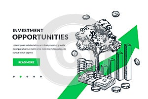 Investment finance growth business concept. Growing tree, coins, green arrow hand drawn vector sketch illustration