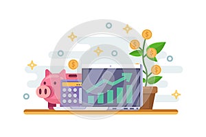 Investment and finance growth business concept. Piggy bank, money tree and financial graph. Vector illustration.