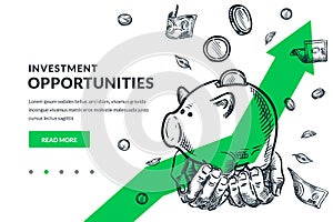 Investment and finance growth concept. Hands hold piggy bank on green arrow background. Vector sketch illustration