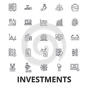 Investment, finance, money, investor, stock market, savings, business, bank line icons. Editable strokes. Flat design