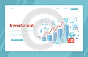 Investment, financial success, strategic management. Income chart, profit growth steps, money, documents, winner`s cup. landing