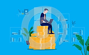 Investment growth - Businessman sitting money working on computer
