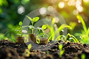 Investment growth concept with coins stacked and young plants sprouting.