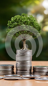 Investment growth concept with stack of coins and tree
