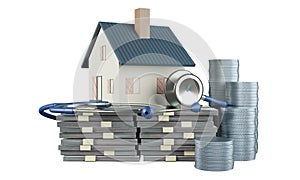 Investment house and Stetoscop with a lots of money. Real estate business mortgage investment and financial loan concept. photo