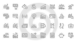 Investment line icon set. Quick approval, bank loan, percentage, trader, investor, exchange, newspaper, bond vector