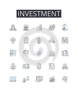 Investment line icons collection. Capital expenditure, Fiscal asset, Financial contribution, Equity stake, Mtary wager