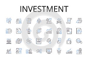 Investment line icons collection. Capital expenditure, Fiscal asset, Financial contribution, Equity stake, Mtary wager