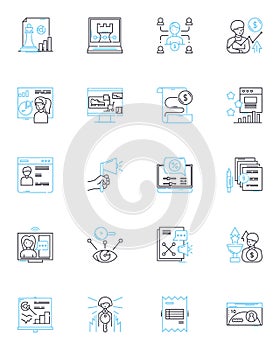 Investment linear icons set. Stocks, Bonds, Mutual funds, Hedge funds, Real estate, Cryptocurrency, Commodities line