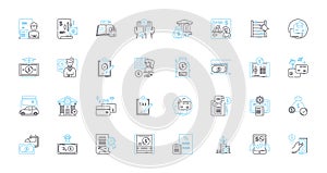 Investment management linear icons set. Futures, Stocks, Bonds, Options, Mutual funds, ETFs, REITs line vector and