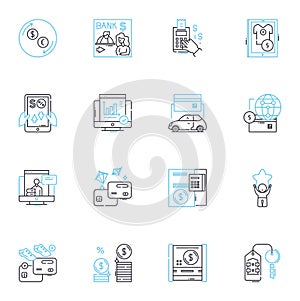 Investment management linear icons set. Futures, Stocks, Bonds, Options, Mutual funds, ETFs, REITs line vector and