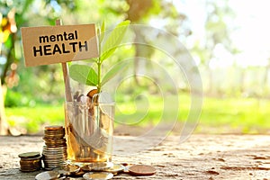 Investment on mental health concept. Coins in a jar with soil and growing plant in nature background.