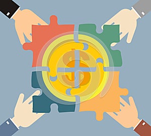 Investment money illustration. Four hands businessman folded gold coin consists of puzzles. Business, finance concept.