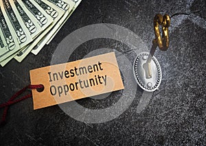 Investment Opportunity tag with cash, gold key and lock