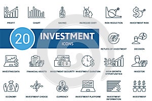 Investment outline icons set. Creative icons: profit, chart, saving, increase cost, risk reduction, investment risk