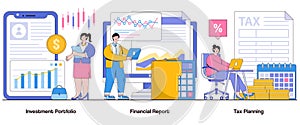 Investment portfolio, financial report, tax planning concept with character. Wealth management abstract vector illustration set.