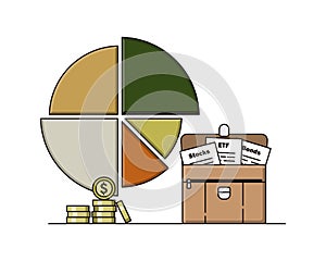 Investment portfolio with securities, pie chart, and stack of coins. The concept of defirtification, rebalancing, and