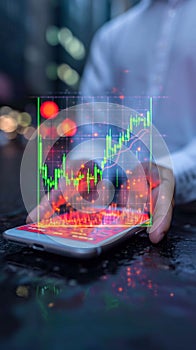 Investment prospects Phone hologram displays candlestick chart for trading ideas