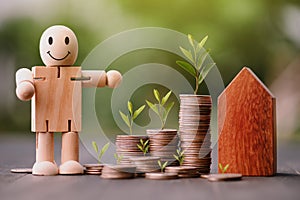 Investment in the real estate business. Money coin stack growing graph and wood house model. Loans for the purchase of residential