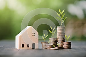 Investment in the real estate business. Money coin stack growing graph and wood house model. Loans for the purchase of residential photo