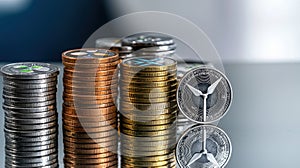 Investment in renewable energy stacks of coins and symbols representing sustainable future indoor environment close-up view photo