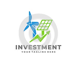 Investment in renewable energy, wind turbine and solar panels, logo design. Electricity industry, electric power industry and ener