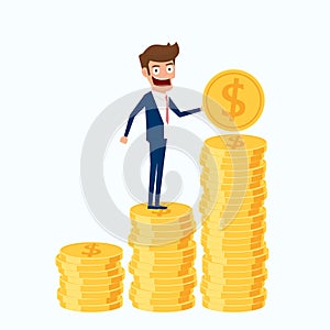 Investment and saving concept. Businessman holding gold coin and putting in the pile.